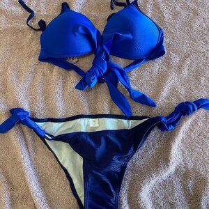 Royal Blue Tie-Front Bikini Set Women’s Small Two Piece Swimsuit Adjustable Bott